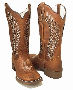 Bota Texana Feminina Laser Sola Marrom Bico Quadrado