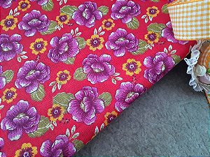 Chita Vermelha Estampada Floral Magenta e Amarelo - Retalho 1,20m x 1,40m