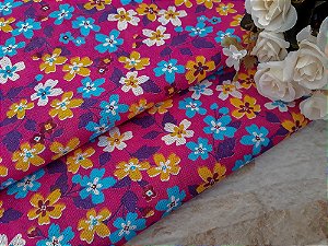 Chita Pink Estampada Floral Azul Amarelo e Branco - 1m x 1,40m