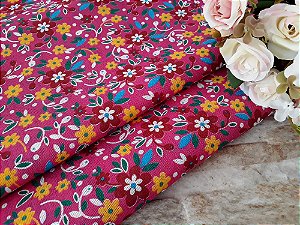 Chita Pink Estampada Floral Bordô e Amarelo - Retalho 50cm x 1,40m