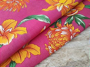 Chita Pink Estampada Floral Amarela e Cor de Laranja - Retalho 32cm x 1,40m