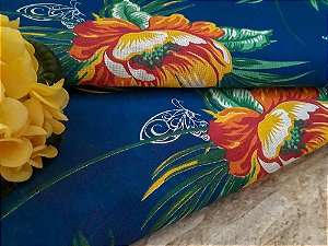 Chita Azul Escuro Estampada Floral Amarelo e Cor de Laranja - 1m x 1,40m