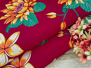 Chita Vermelho Escuro Estampada Floral Amarelo e Cor de Laranja - 1m x 1,40m
