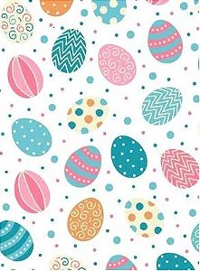 Feltro Branco Estampado com Ovos de Páscoa Azul e Cor-de-rosa - RETALHO 27cm x 1,40mm