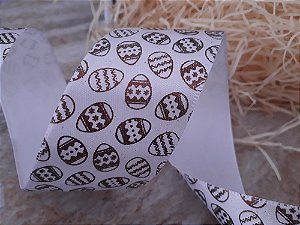 Fita de Cetim (38mm) Estampada com Ovinhos de Páscoa Hot Stamp Marrom Brilhante - (Peça) 10 Metros