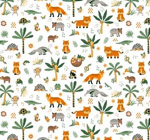Tricoline Branco Estampado Pantanal Animais e Plantas - 1 metro