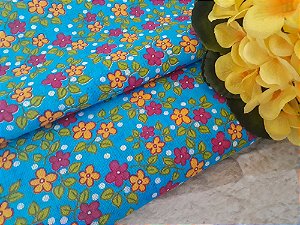 Chita Azul Céu Floral Pink e Amarelo ### Retalho 20cm x 1,40m ###
