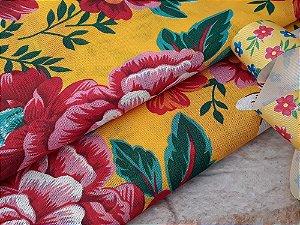 Chita Amarela Floral Cor-de-rosa/Coral - Retalho 46cm x 1,40m