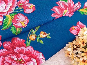 Chita Azul Escuro Estampa Floral Cor-de-rosa e Vermelha - Retalho 50cm x 1,40m