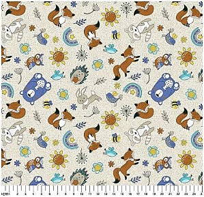 Tricoline Bege Coleção Fábula Estampado Bosque - 1 Metro