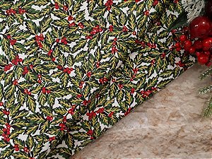 Tricoline Off White Estampado Folhas de Azevinho - 1 Metro