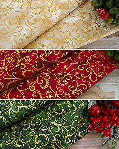 Tricoline Estampado Natal Gold com Arabescos Dourado Brilhante