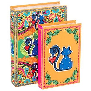 S/2 Livro Caixa Amor de Pixel Gato - Madeira 22x30x7cm
