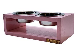Comedouro Duplo De Madeira Com Potes Inox Para Gatos E Cachorros Rosa (LP9510-01