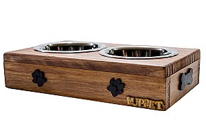 Comedouro Com Patinhas De Madeira E Potes Inox Para Cachorro Marrom (LP9512-04)