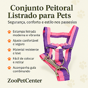 Conjunto Peitoral Regulável Listrado Com Guia Para Cachorro