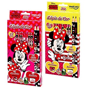 Kit Lápis de Cor Minnie Mouse Caixa Com 12 Cores / 2 Lápis HB / Apontador / Borracha Molin - Cada