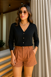 CAMISA FEMININA GOLA V EM VISCOLINHO PRETO