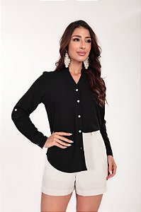 CAMISA FEMININA GOLA V EM VISCOLINHO PRETO