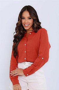CAMISA FEMININA OVERSIZED GOLA TRADICIONAL EM VISCOLINHO TERRACOTA