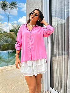 CAMISA FEMININA OVERSIZED GOLA TRADICIONAL EM VISCOLINHO ROSA PRIMAVERA