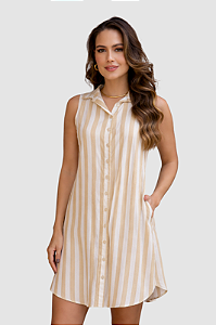 CHEMISE ABERTA SEM MANGA LISTRADO AREIA