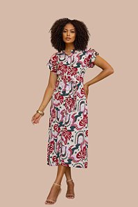 CHEMISE MIDI MANGA CURTA ESTAMPA JARDIM TROPICÁLIA