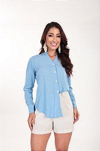 Camisa Feminina Gola V em Viscolinho cor Baby Blue