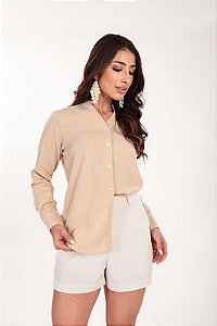Camisa Feminina Gola V em Viscolinho cor Areia