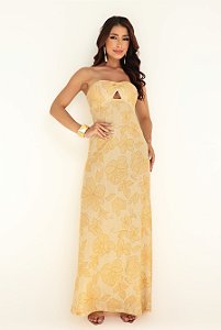 Vestido longo Aura Tomara que Caia Lurex estampa Sol e Cajú