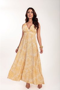Vestido longo Solare Lurex estampa Sol e Cajú