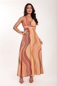 Vestido longo Solare Lurex estampa Golden Flow