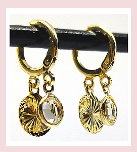 Argolinha Clic com dois pingentes circulo e cristal - Semijoia banhada a ouro 18k