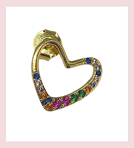 Brinco Coração com zircônias coloridas- Semijoia banhada a ouro 18k.