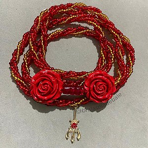 Guia de pomba gira vermelha e dourada com rosas
