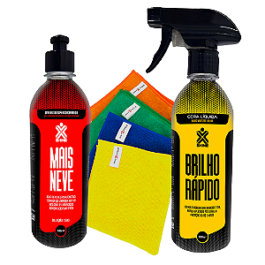 Shampoo Mais Neve + Cera Líquida de Carnaúba Brilho Rápido + Kit com 4 Panos de Microfibra