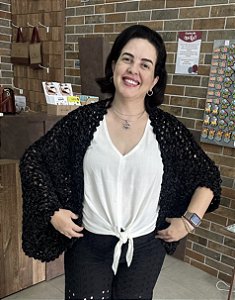 Quimono de Crochê Veludo Molhado Preto