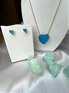 Conjunto colar e brincos Ouro CORAÇÃO em pedra fusion Blue