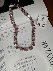 Colar Cristal rosa facetado banho em ródio branco