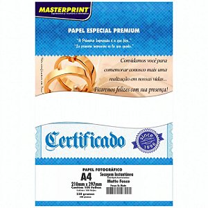 PAPEL ESPECIAL PREMIUM FOTOGRÁFICO A4 230G MATTE FOSCO MASTERPRINT COM 100 FOLHAS