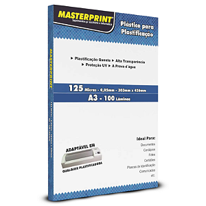 PLÁSTICO PARA PLASTIFICAÇÃO 125 MICRAS 0,05MM 303x426MM MASTERPRINT 100 LÂMINAS