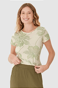 Blusa Básica Feminina Estampa Floral Manga Curta em Malha Viscolinho Stretch Malwee