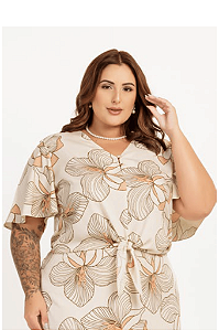 Blusa com Frente em Amarração Viscolinho Floral Capim Rosa