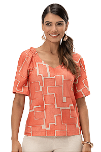 Blusa Feminina Equilíbrio Manga Curta Decote V Frente e Costas Cor Do Ceu