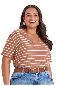 Blusa Feminina Manga Curta Plus Size Listrada Gola V Secret Glam