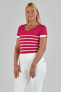 Blusa Manga Curta Gola V Viscose Stretch Listrada Juanna