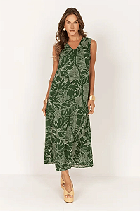 Vestido Mídi com Bolsos em Viscose Plana Estampa Folhagens Verde Mirasul