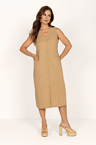 Vestido Linho Midi Botões Bege Mirasul
