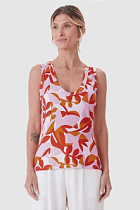 Regata Feminina Folhagem Decote V Alça Larga Em Malha Viscose Canelada Malwee