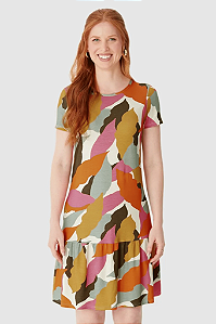 Vestido Feminino Evasê Estampado Barra Franzida Em Viscose Stretch Malwee